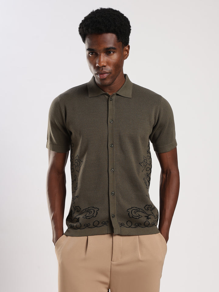 Dark Olive Solid Regular Fit Flat Knit Shirt