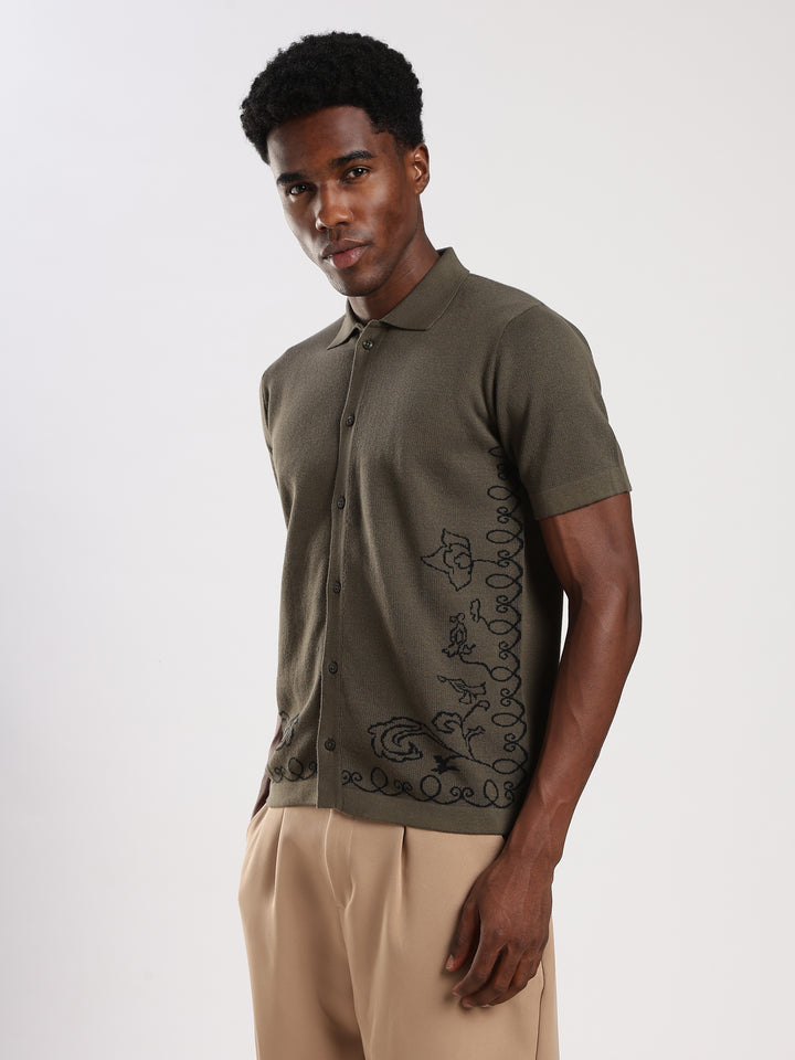 Dark Olive Solid Regular Fit Flat Knit Shirt