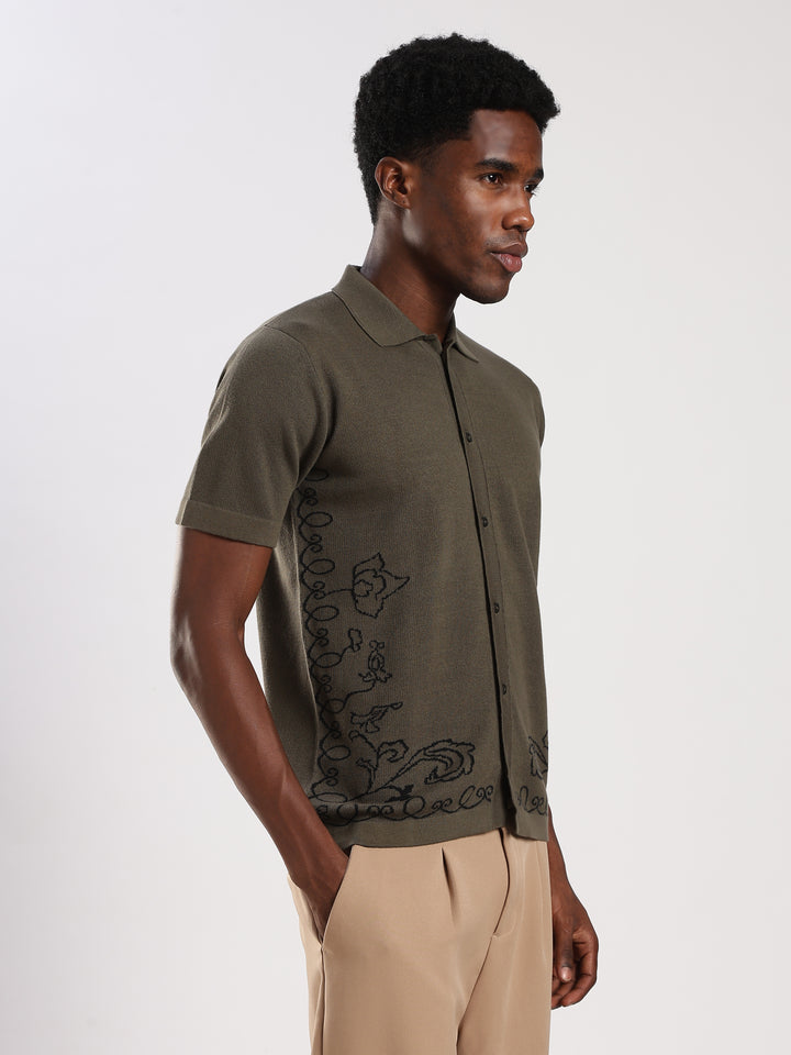 Dark Olive Solid Regular Fit Flat Knit Shirt