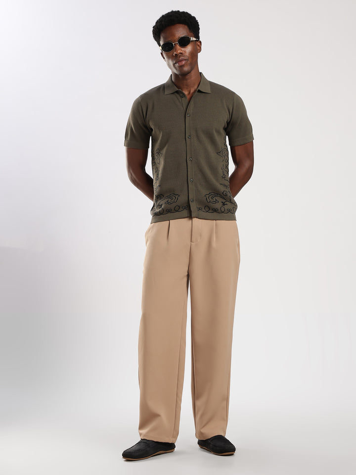 Dark Olive Solid Regular Fit Flat Knit Shirt