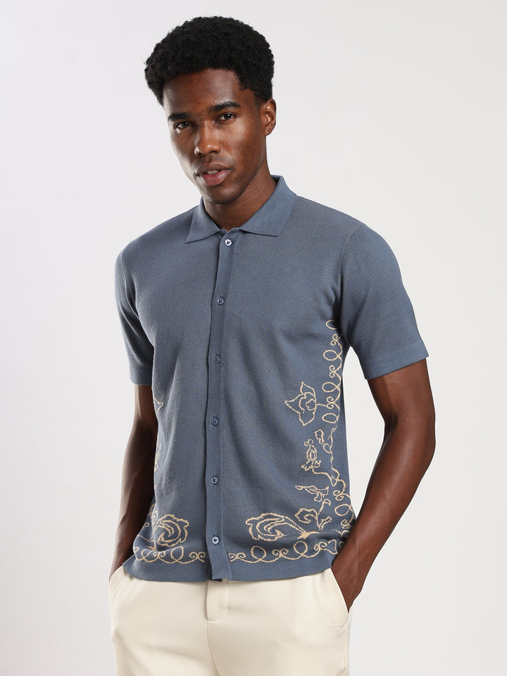 Ink Blue Regular Fit Flat Knit Shirt