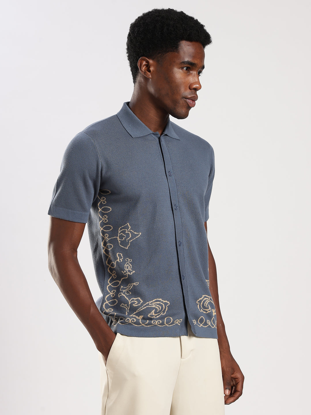 Ink Blue Regular Fit Flat Knit Shirt