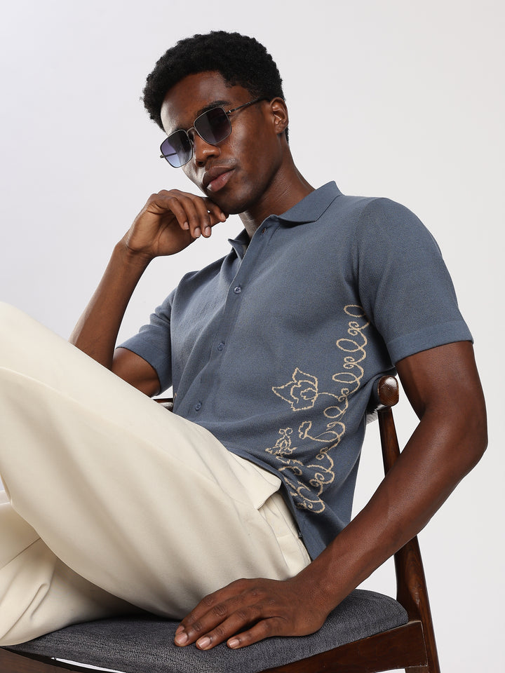 Ink Blue Regular Fit Flat Knit Shirt