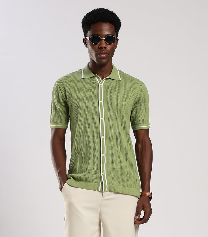 Green Textured Flat Knit Shirt