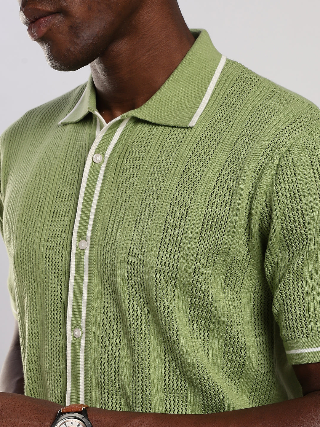 Green Textured Flat Knit Shirt