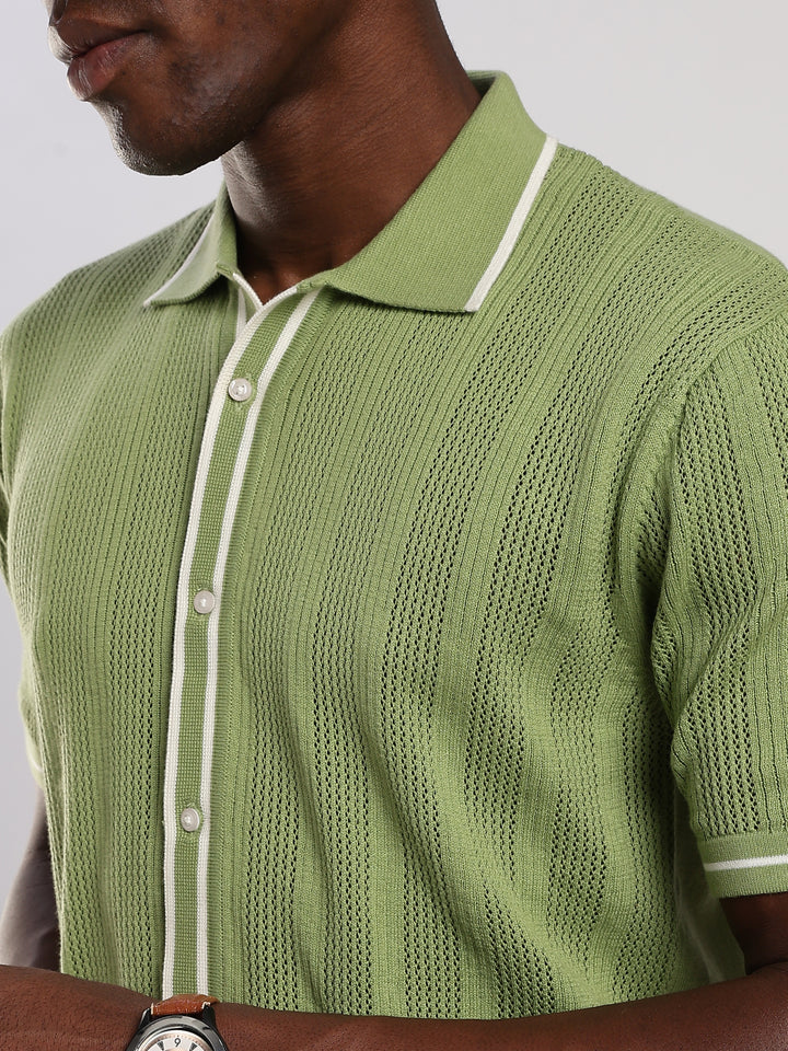 Green Textured Flat Knit Shirt