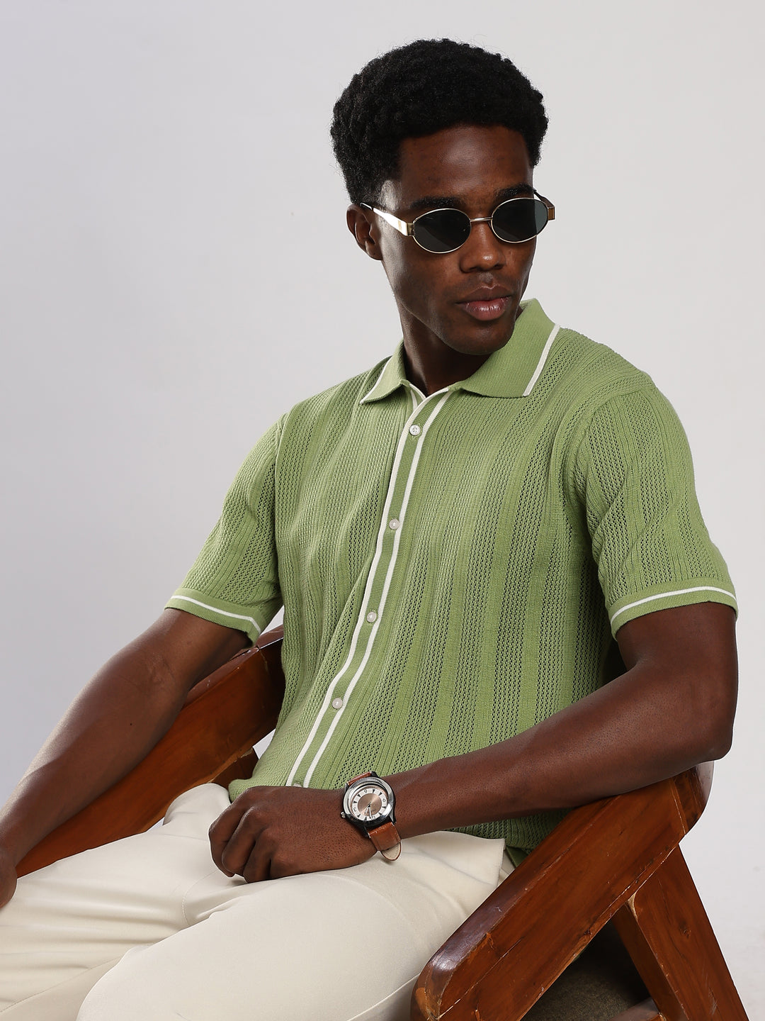 Green Textured Flat Knit Shirt