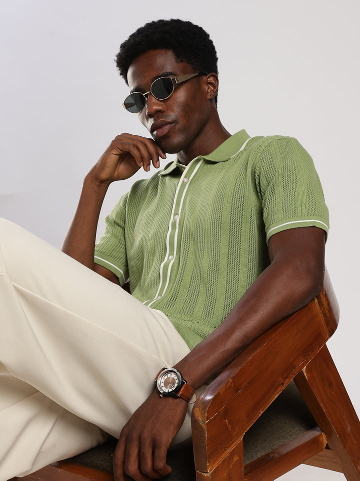 Green Textured Flat Knit Shirt