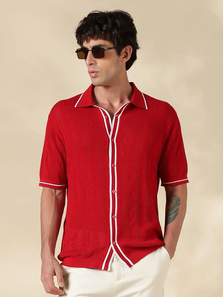 Red Textured Regular Fit Flat Knit Shirt