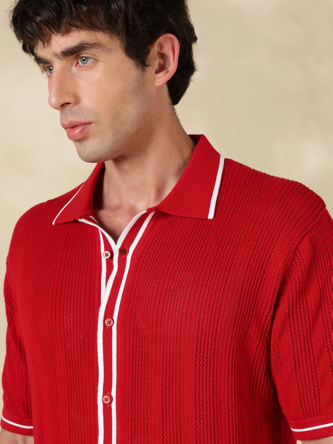 Red Textured Regular Fit Flat Knit Shirt