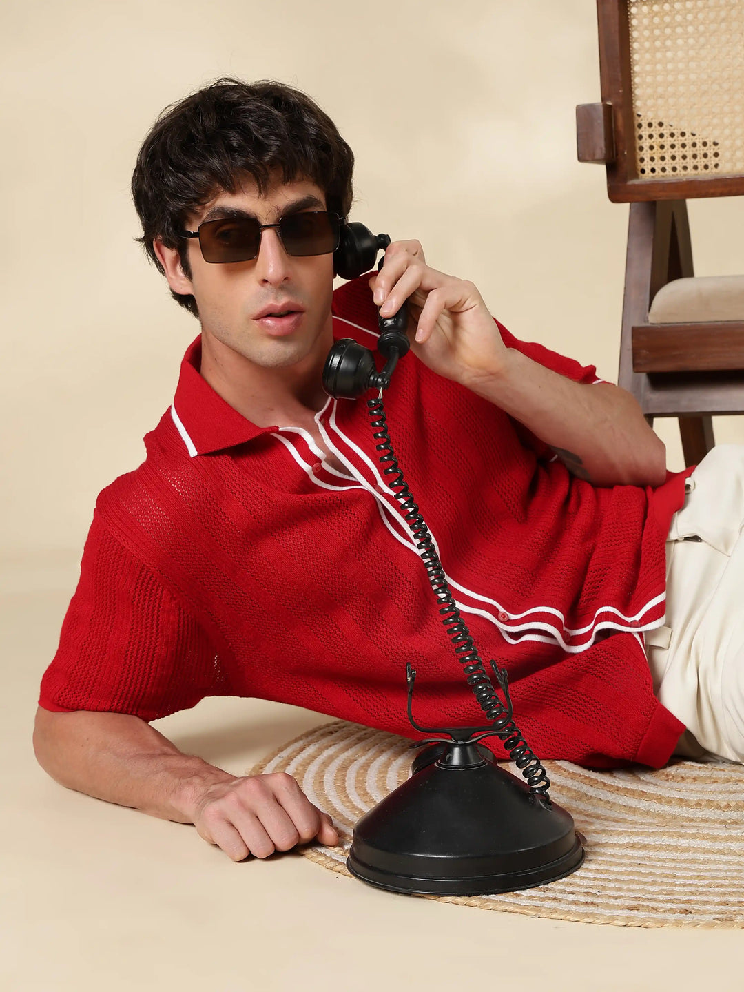 Red Textured Regular Fit Flat Knit Shirt