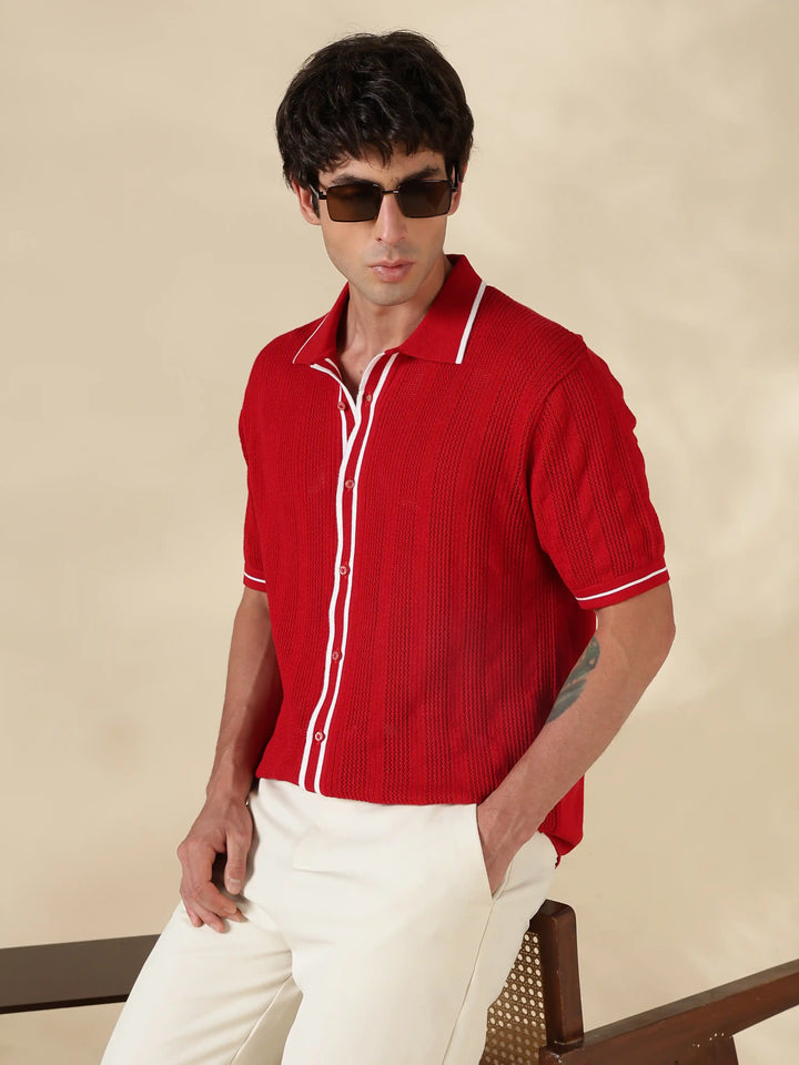 Red Textured Regular Fit Flat Knit Shirt