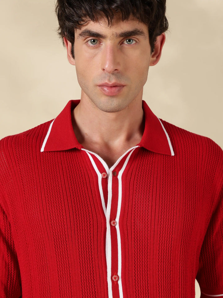 Red Textured Regular Fit Flat Knit Shirt