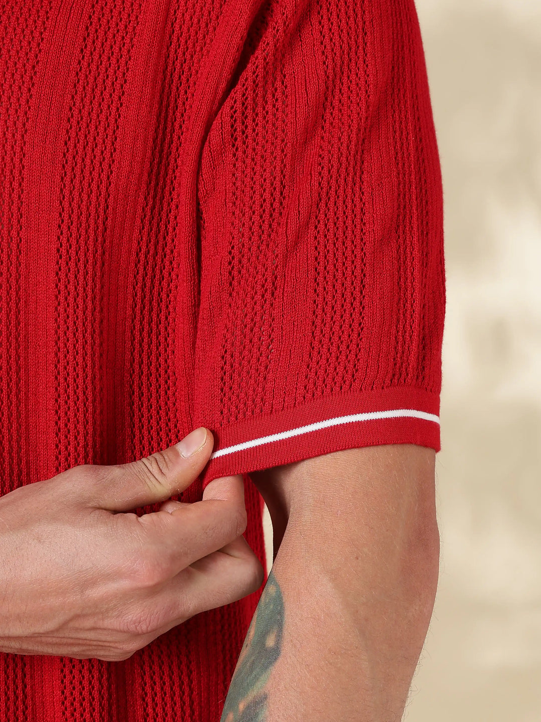 Red Textured Regular Fit Flat Knit Shirt