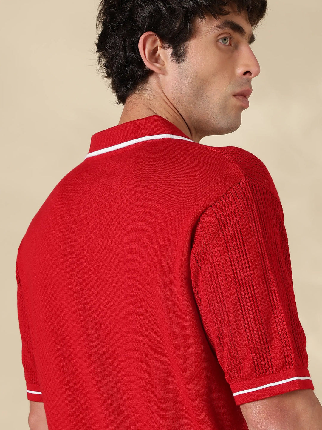 Red Textured Regular Fit Flat Knit Shirt