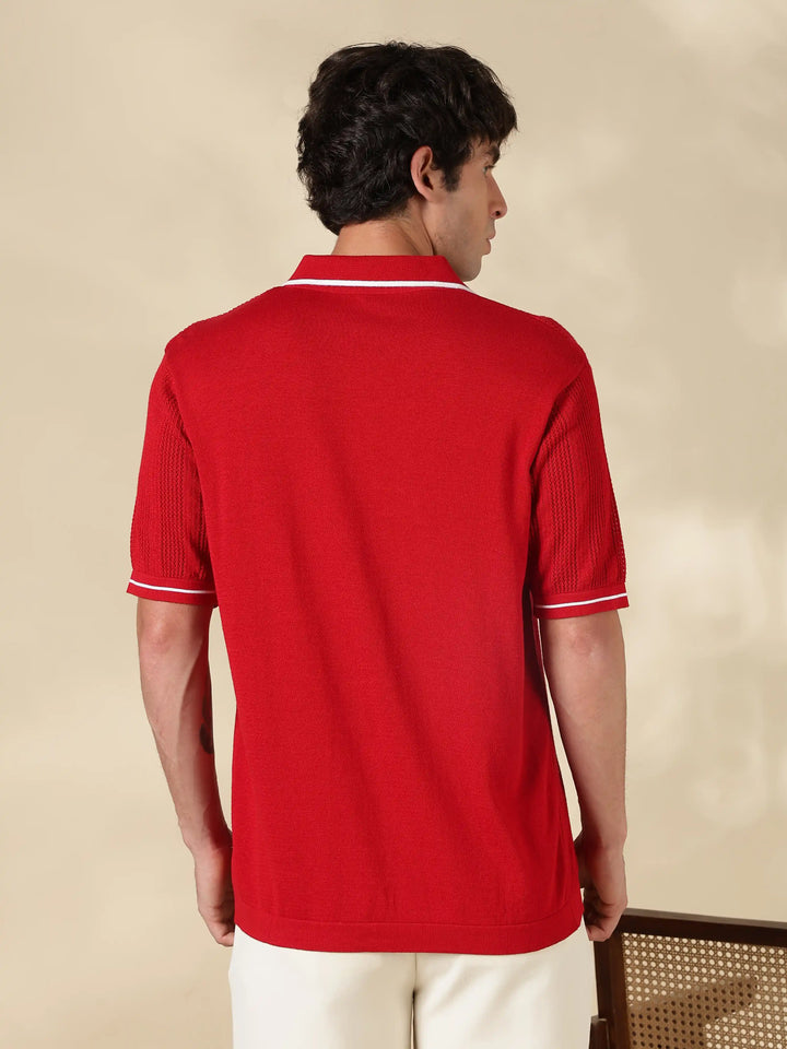 Red Textured Regular Fit Flat Knit Shirt