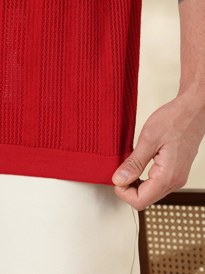 Red Textured Regular Fit Flat Knit Shirt