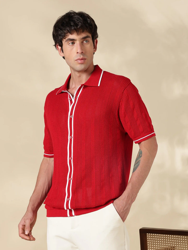 Red Textured Regular Fit Flat Knit Shirt