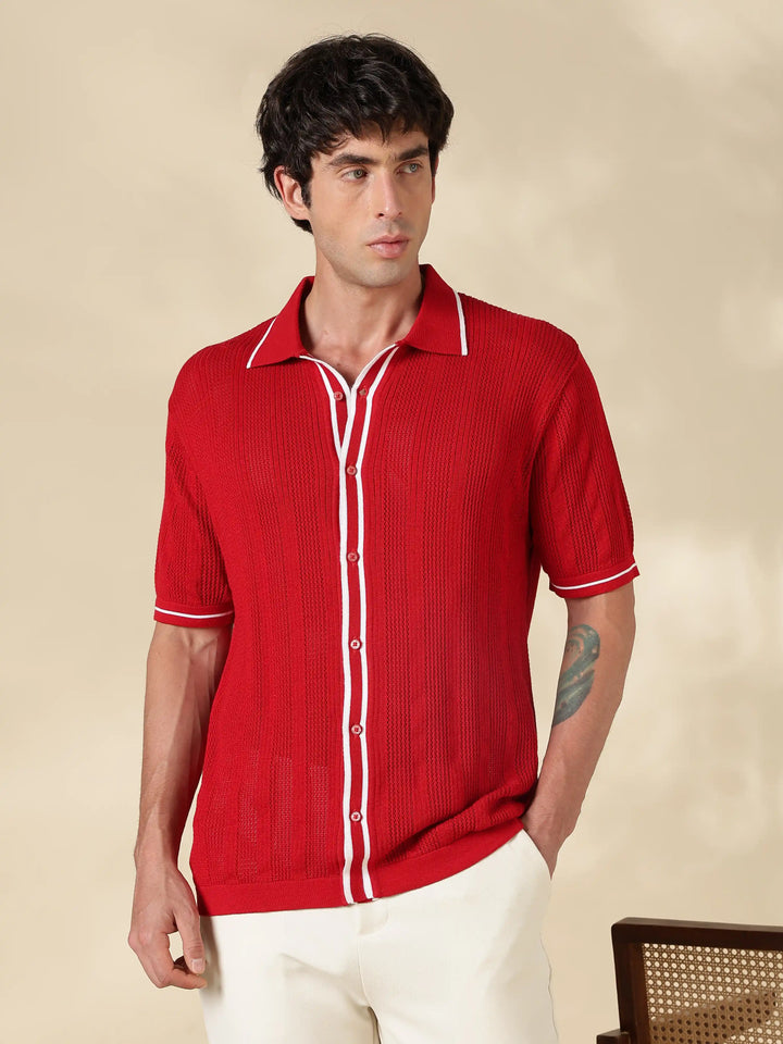 Red Textured Regular Fit Flat Knit Shirt