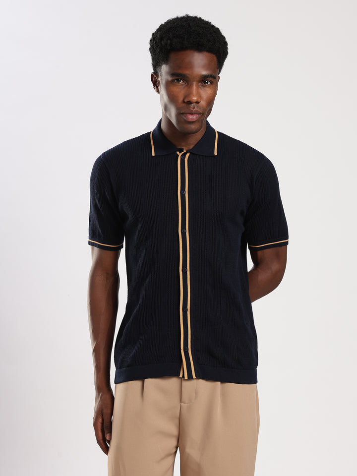 Navy Textured Flat Knit Shirt