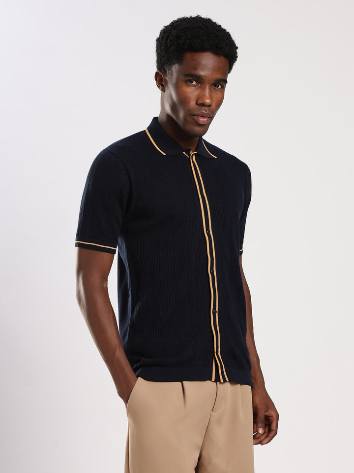 Navy Textured Flat Knit Shirt