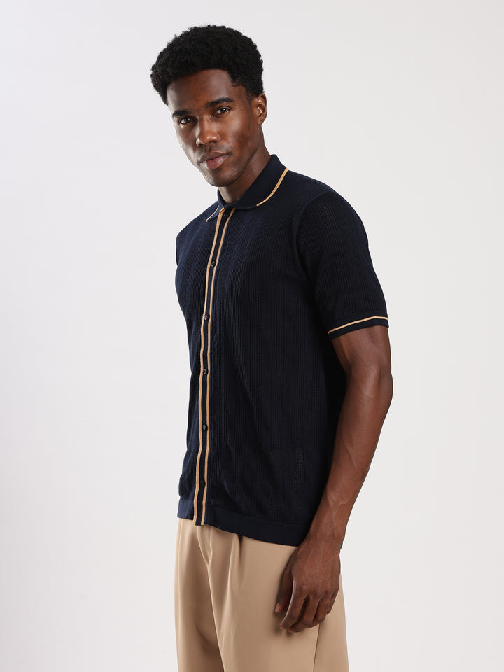 Navy Textured Flat Knit Shirt