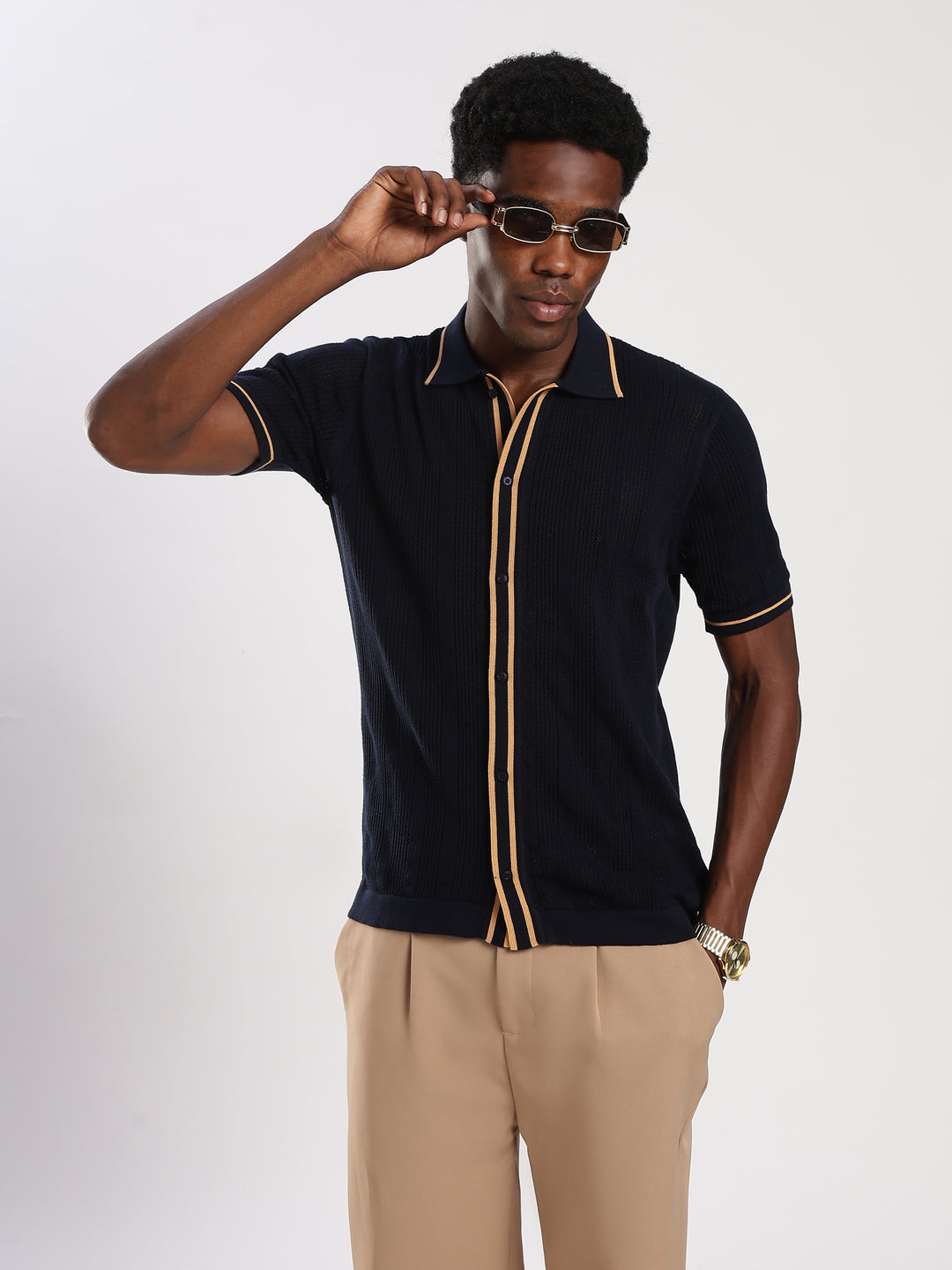 Navy Textured Flat Knit Shirt