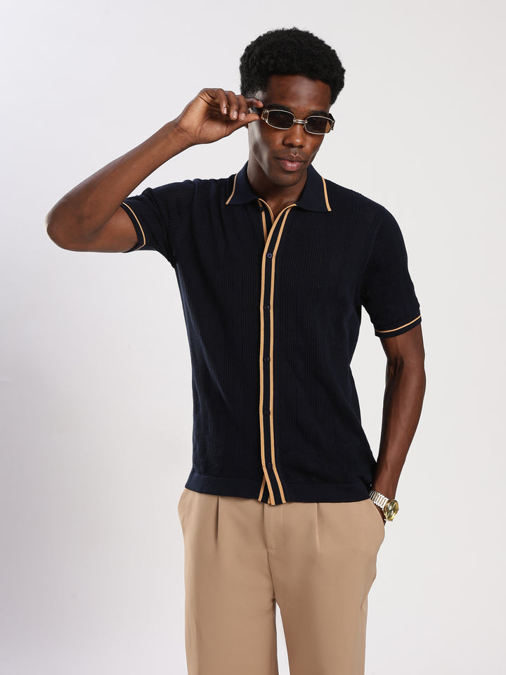 Navy Textured Flat Knit Shirt
