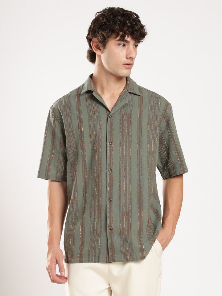 Pastel Green Striped Boxy Fit Casual Shirt