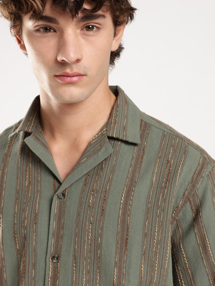 Pastel Green Striped Boxy Fit Casual Shirt
