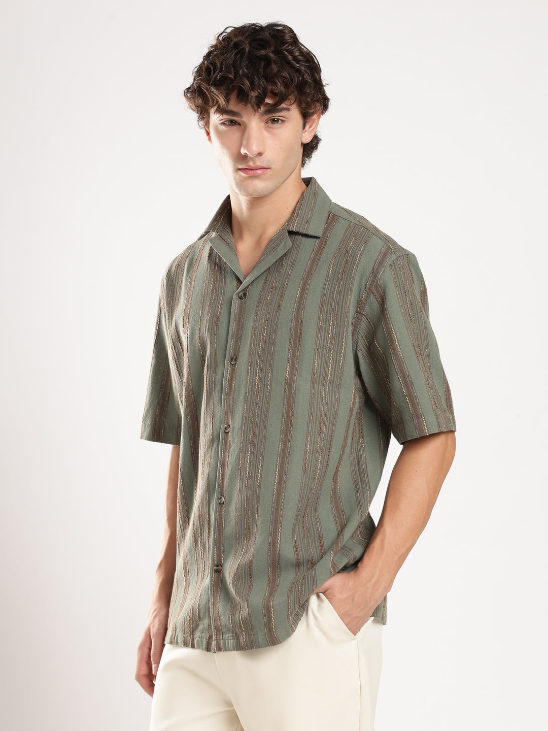 Pastel Green Striped Boxy Fit Casual Shirt