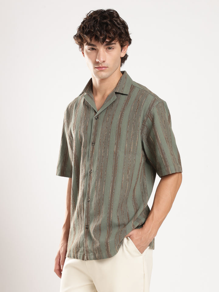 Pastel Green Striped Boxy Fit Casual Shirt