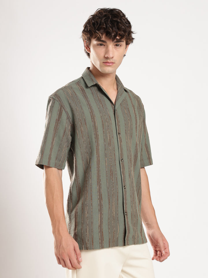 Pastel Green Striped Boxy Fit Casual Shirt
