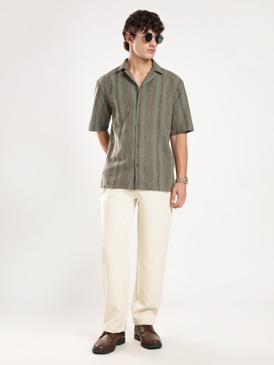 Pastel Green Striped Boxy Fit Casual Shirt
