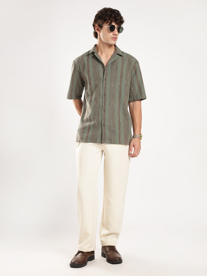 Pastel Green Striped Boxy Fit Casual Shirt