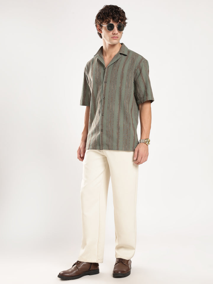 Pastel Green Striped Boxy Fit Casual Shirt