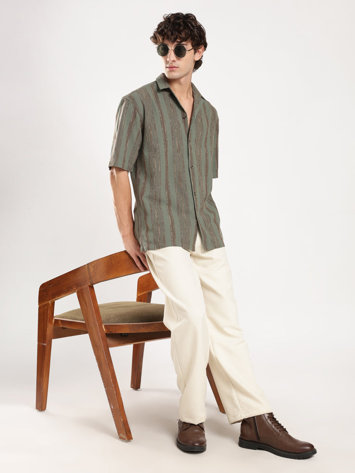 Pastel Green Striped Boxy Fit Casual Shirt