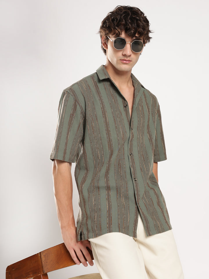 Pastel Green Striped Boxy Fit Casual Shirt
