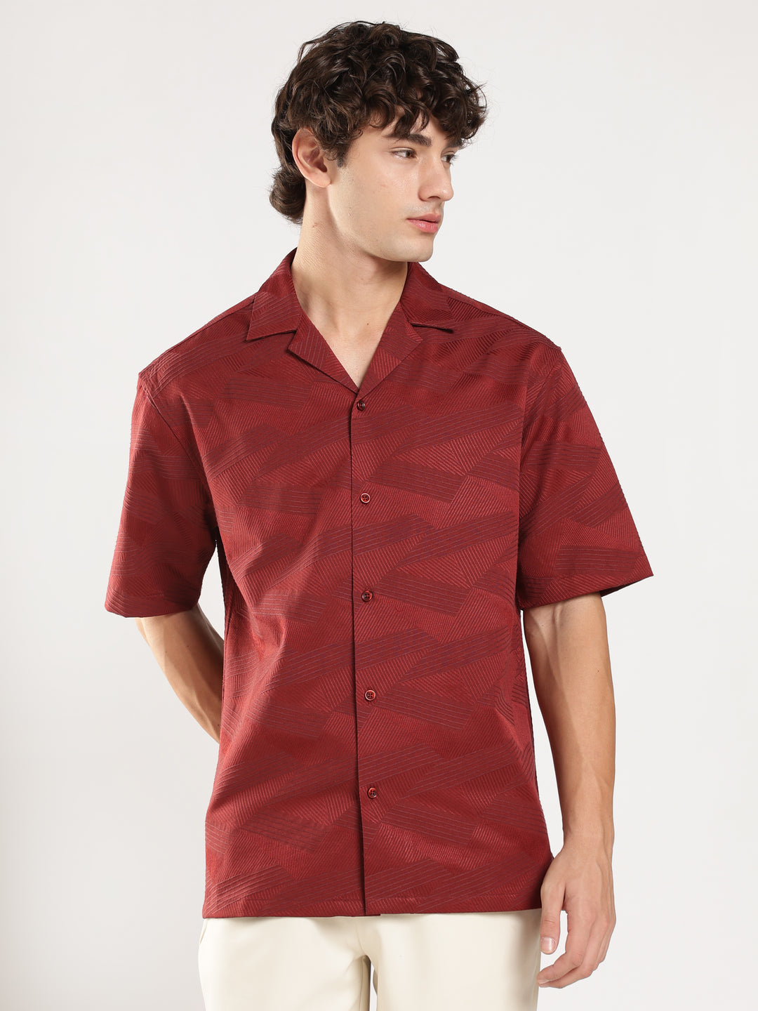Rust Self Design Boxy Fit Casual Shirt