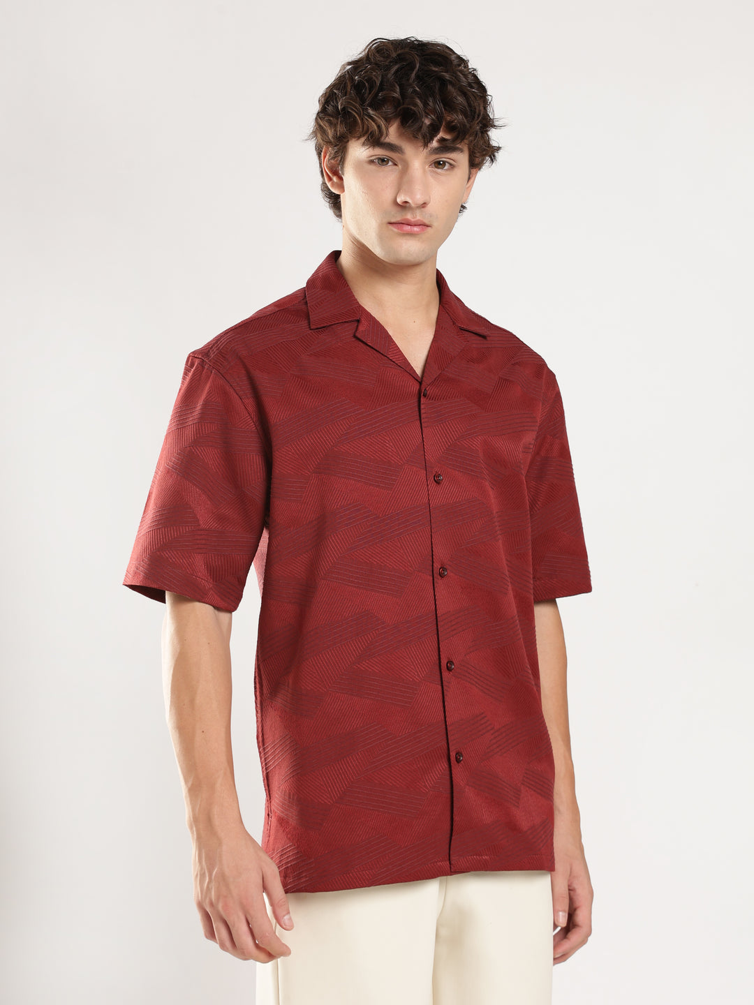 Rust Self Design Boxy Fit Casual Shirt