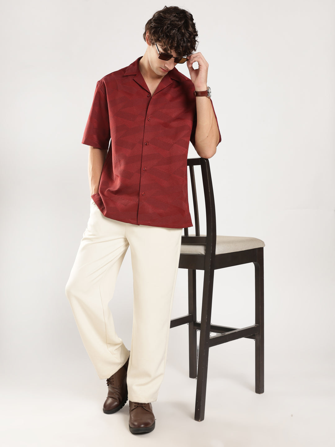 Rust Self Design Boxy Fit Casual Shirt