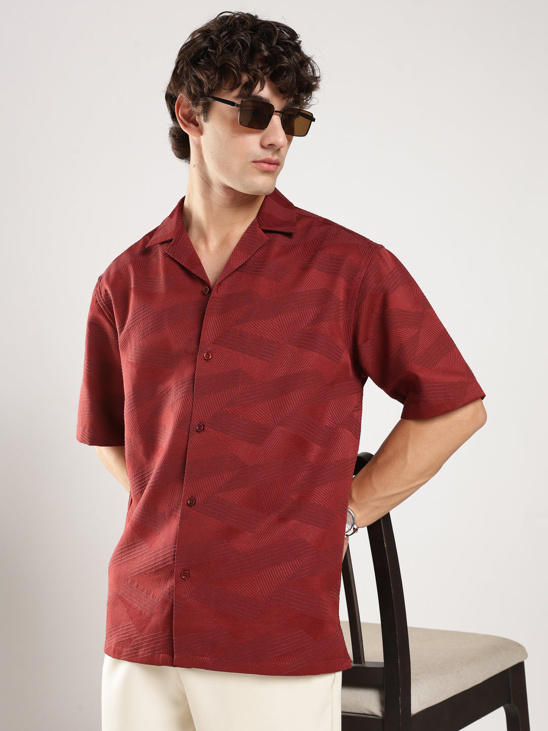 Rust Self Design Boxy Fit Casual Shirt