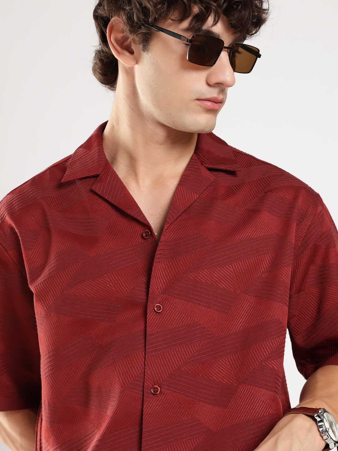 Rust Self Design Boxy Fit Casual Shirt