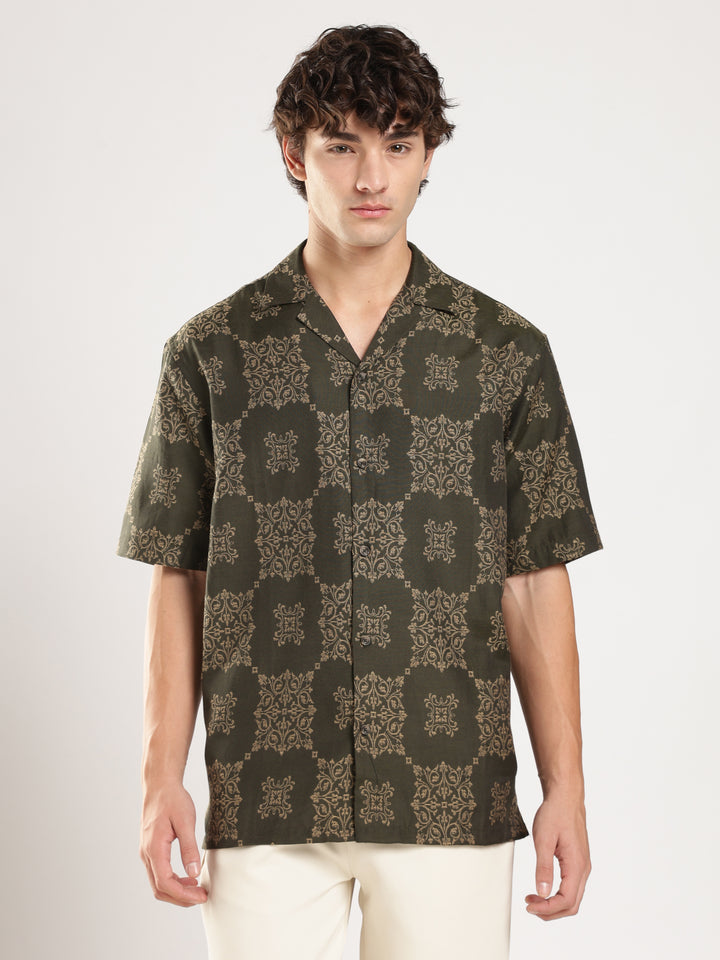 Green Jacquard Boxy Fit Casual Shirt