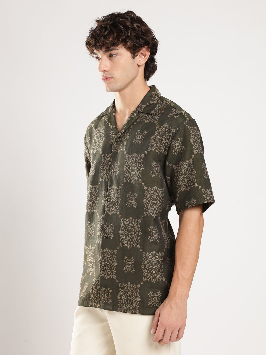 Green Jacquard Boxy Fit Casual Shirt