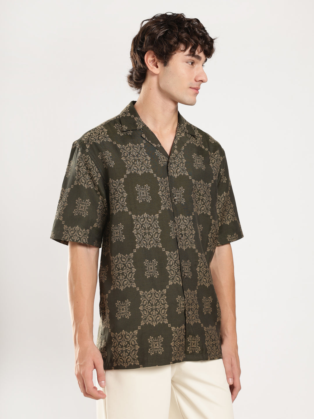 Green Jacquard Boxy Fit Casual Shirt