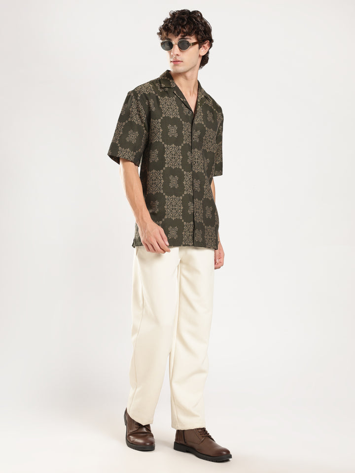 Green Jacquard Boxy Fit Casual Shirt
