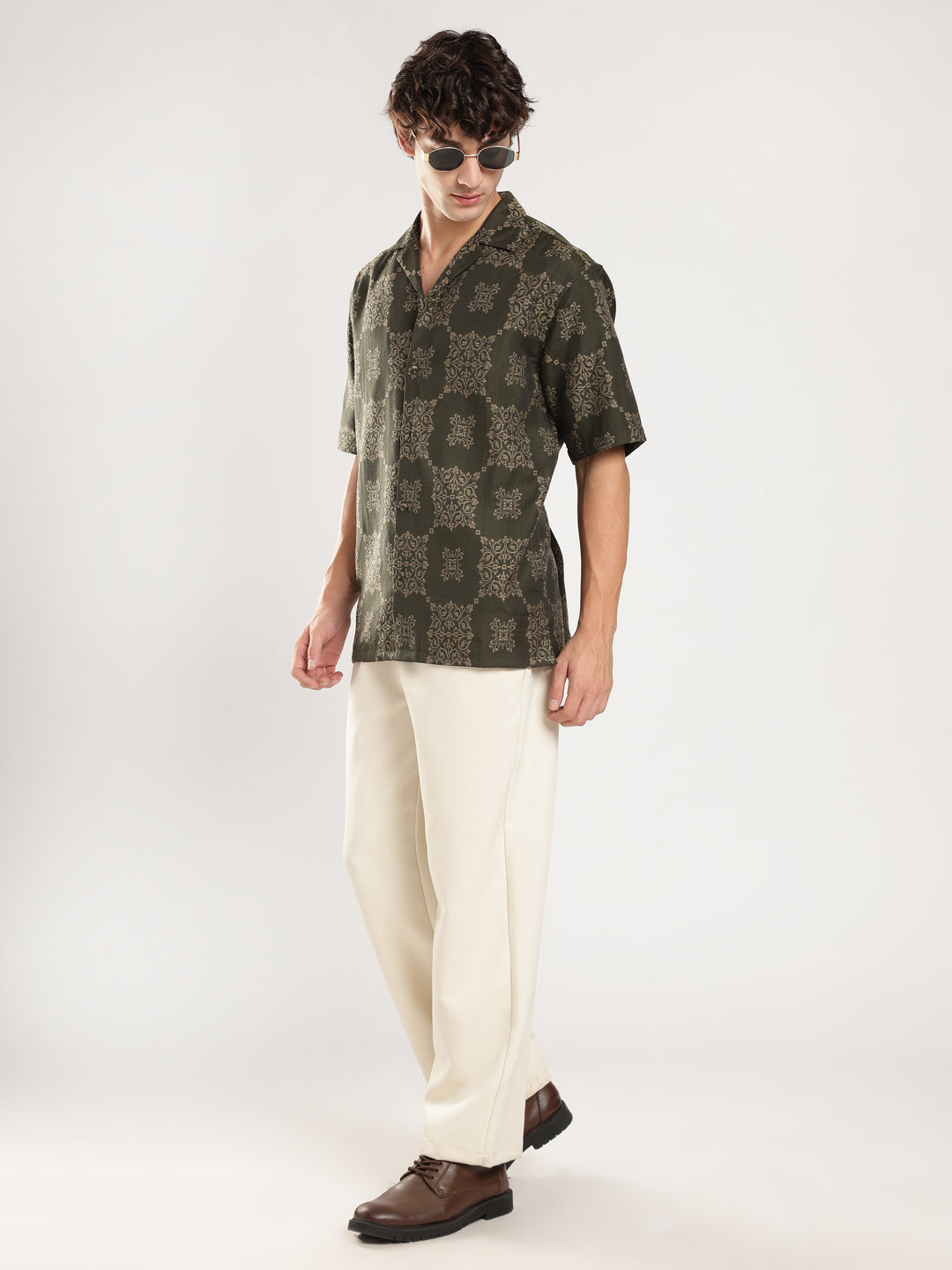 Green Jacquard Boxy Fit Casual Shirt