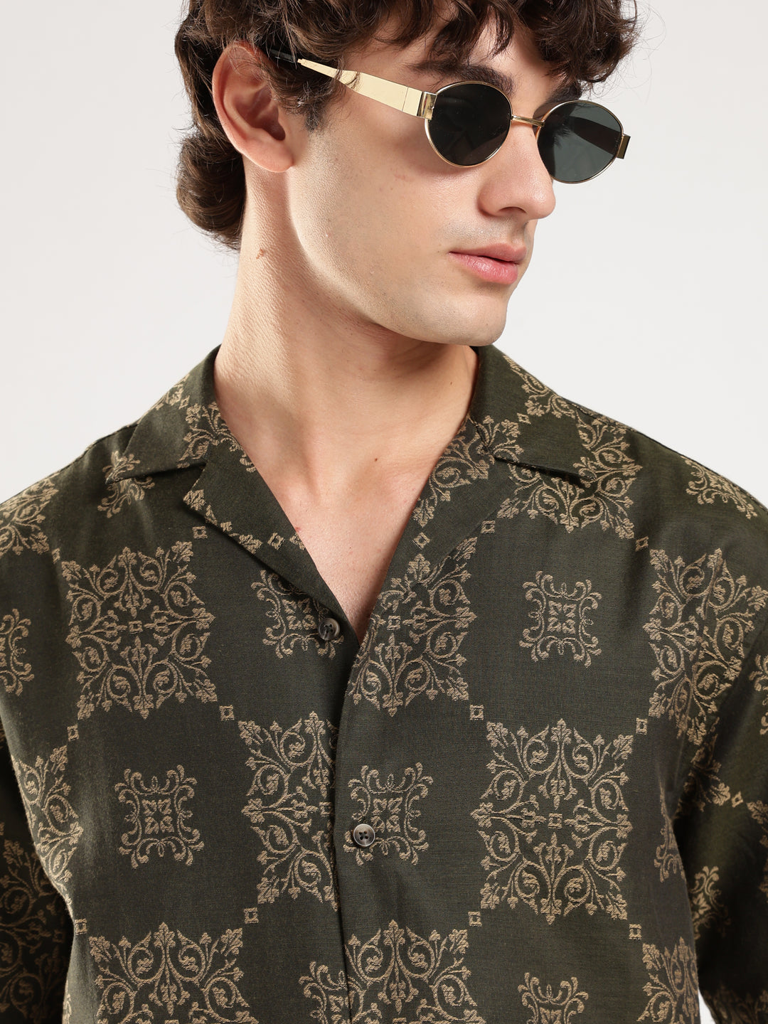 Green Jacquard Boxy Fit Casual Shirt