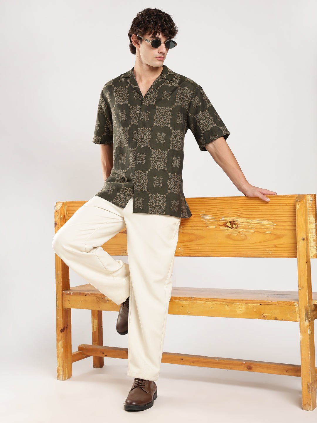 Green Jacquard Boxy Fit Casual Shirt